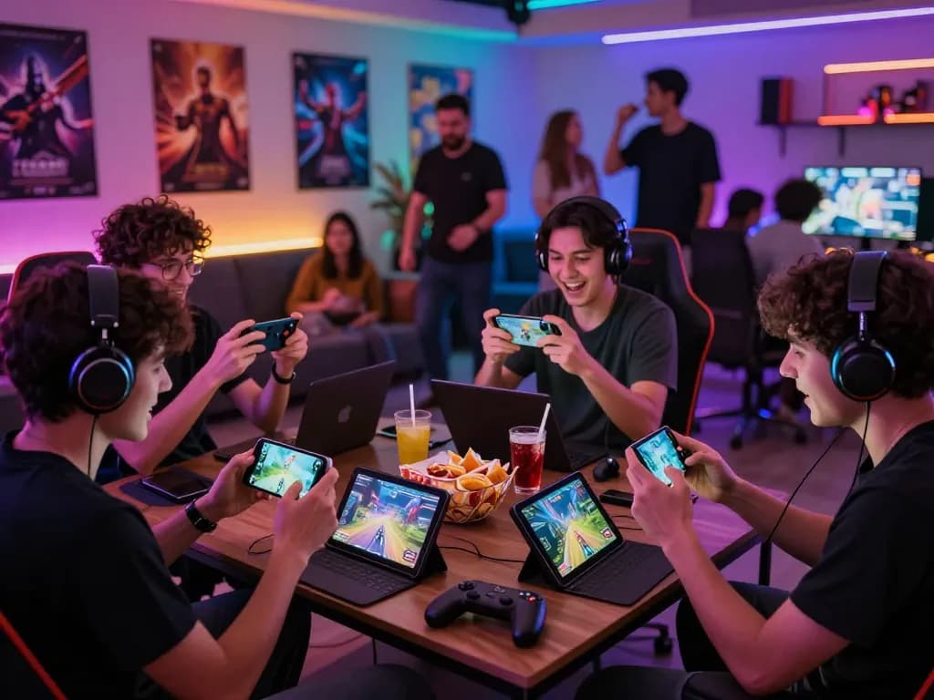 Gamers enjoying autowin88 online gaming experience in vibrant setting.
