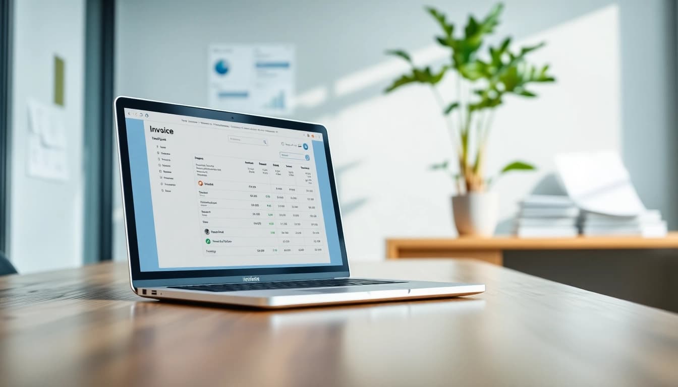 Streamlined invoice processing software displayed on a laptop in a professional office setting.