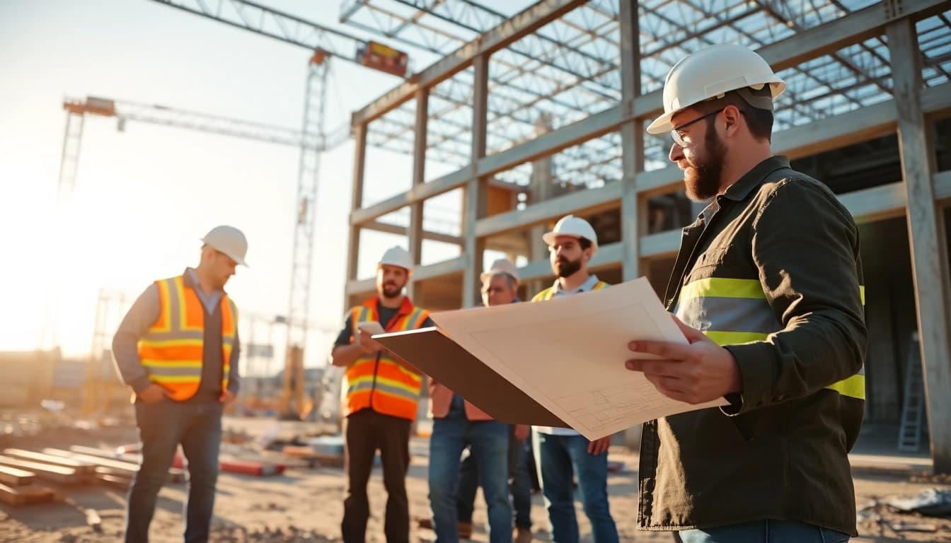 New Jersey Commercial General Contractor overseeing a busy construction site with diverse teams collaborating.