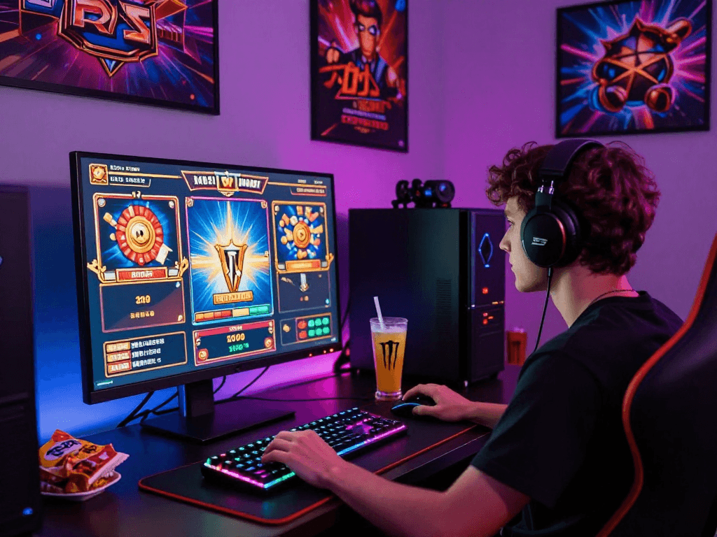 Pengguna menikmati permainan slot gacor di meja modern dengan pencahayaan berwarna-warni.