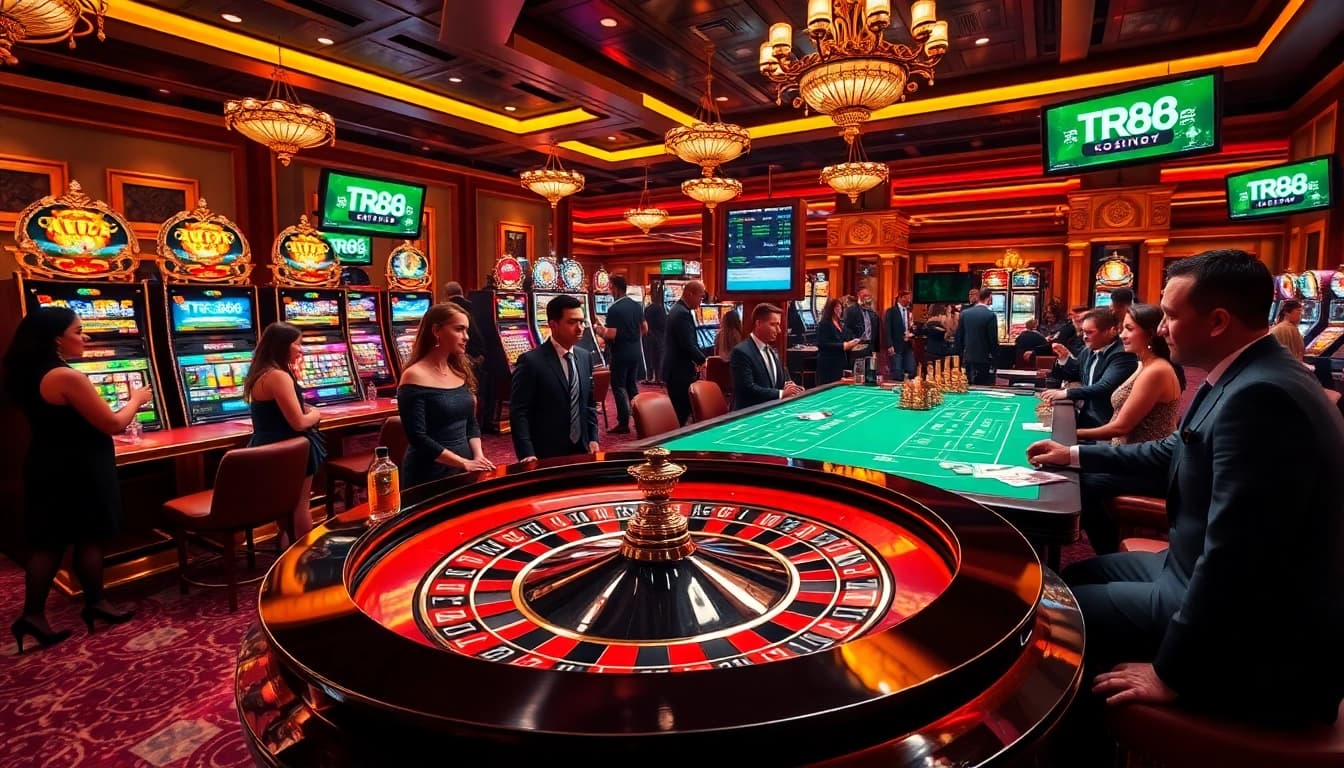 Players strategize their next TR88 bet at a luxurious casino table, evoking high-stakes excitement.