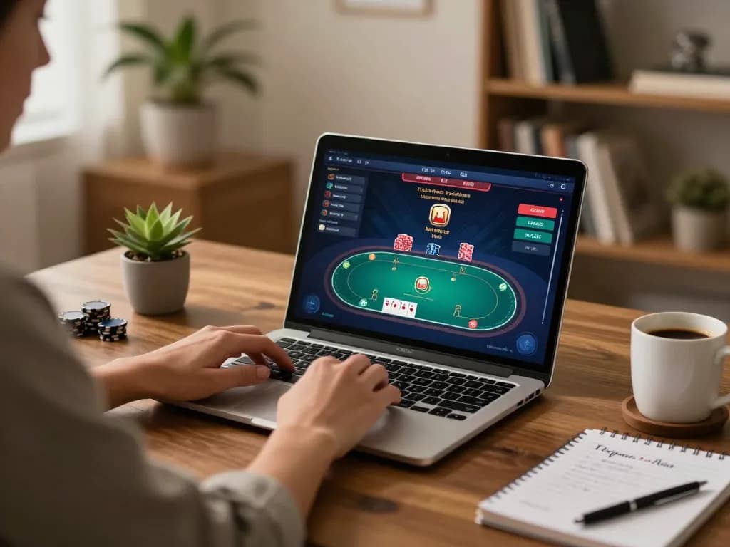 Player engrossed in online poker at home through ga6789 app on laptop with strategy notes nearby