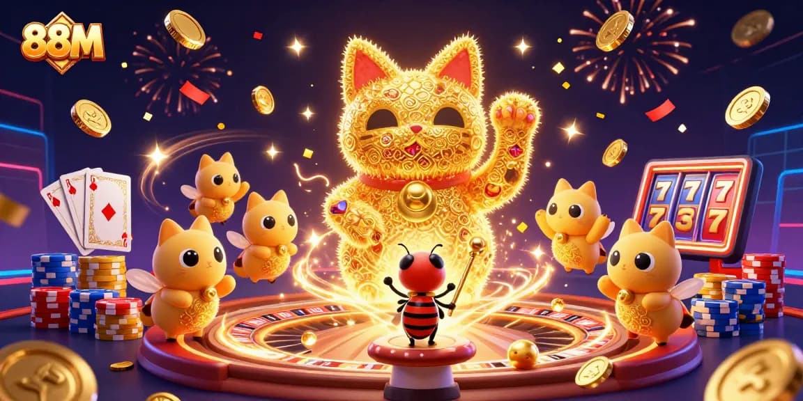 Experience the excitement of 88M with a vibrant illustration featuring a lucky cat and dynamic casino elements.