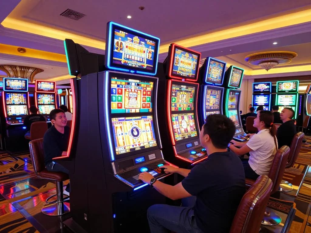 Engaging players at slot machines in vibrant Thailand casino settings, showcasing exciting gameplay