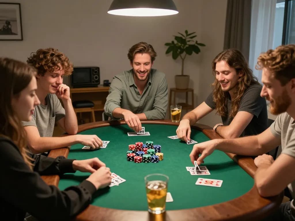 Friends enjoying a lively poker night at home, showcasing their skills with 88i strategy
