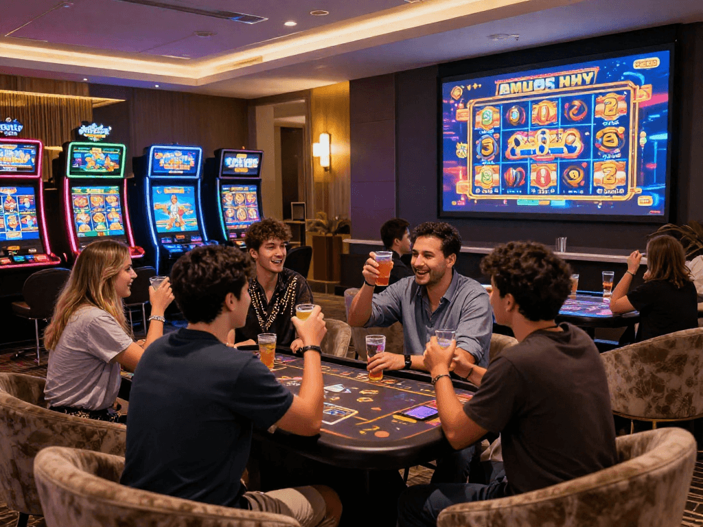 Players enjoying thrilling experiences at bonus buy casinos in a lively casino atmosphere.