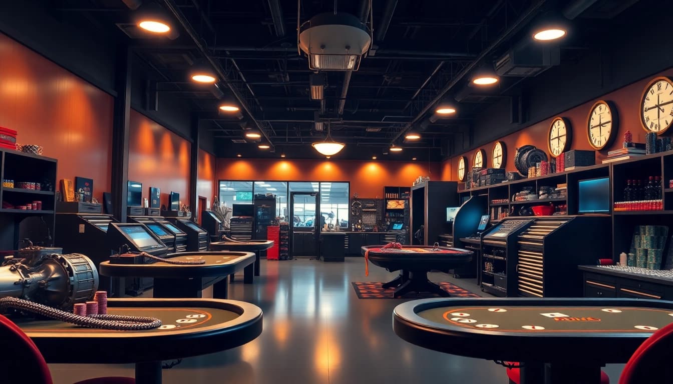 Transmission Repair Shop with a luxurious casino vibe, featuring poker chips and tools.