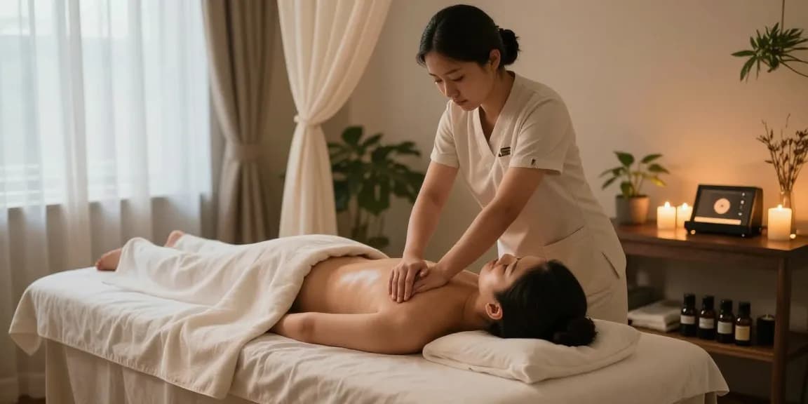스웨디시 마사지를 받고 있는 고객과 전문 치료사의 편안한 스파 분위기