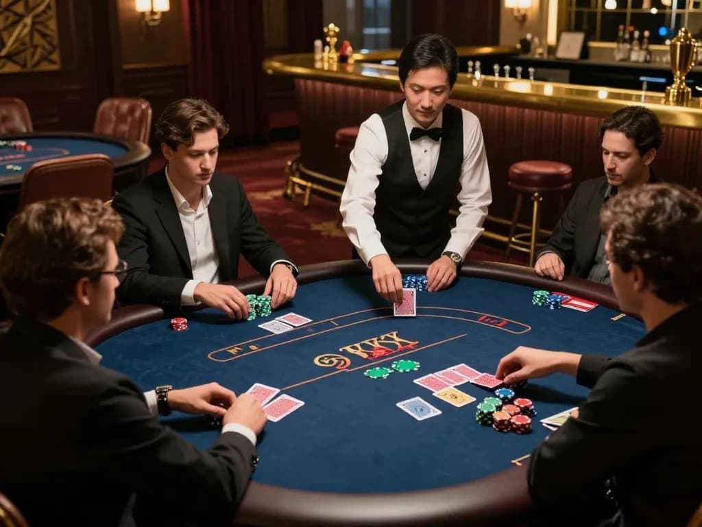 Link SV368 showcases players engaged in an exciting poker game at a lavish casino table.