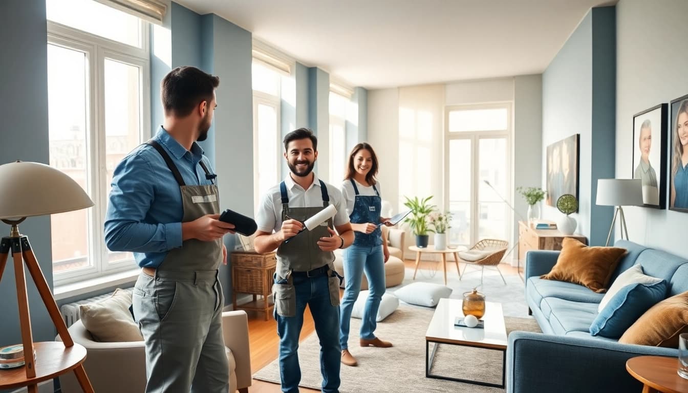 Home painters painting a stylish NYC apartment, showcasing vibrant interiors and professional atmosphere.