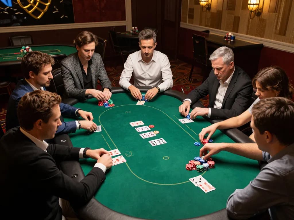Players strategizing their winning hands at gem88 poker table in an upscale casino.