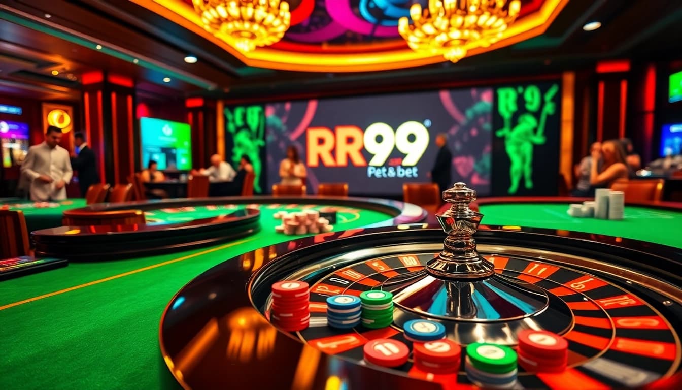 Experience the thrill of RR99 bet with vibrant casino visuals featuring roulette and poker chips.