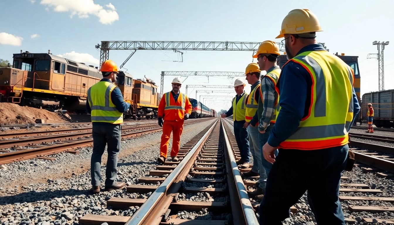 Skilled Railroad Contractors Near Me collaborating on a railroad project with machinery.