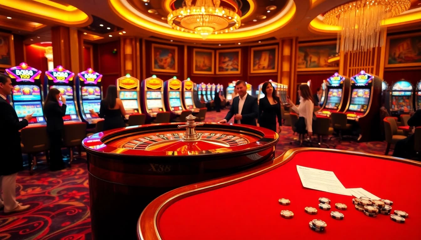 Experience the vibrant energy of XX88 casino with roulette tables and slot machines.