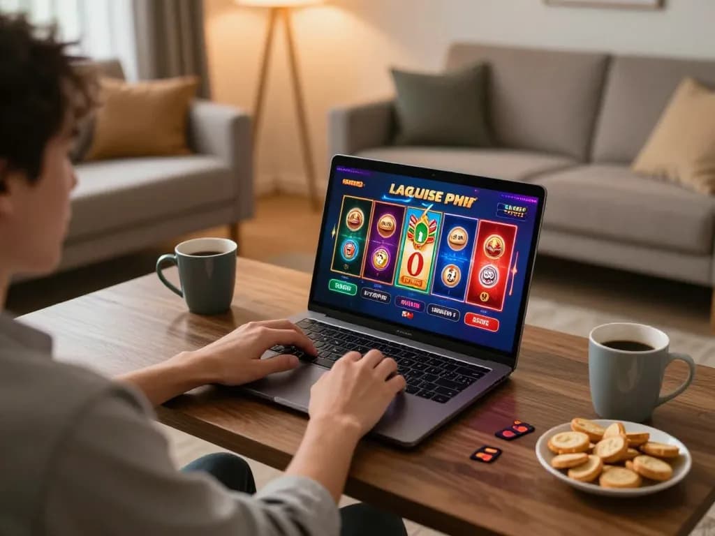 Player enjoying online casino gaming at UG88 on a laptop in a cozy living room.