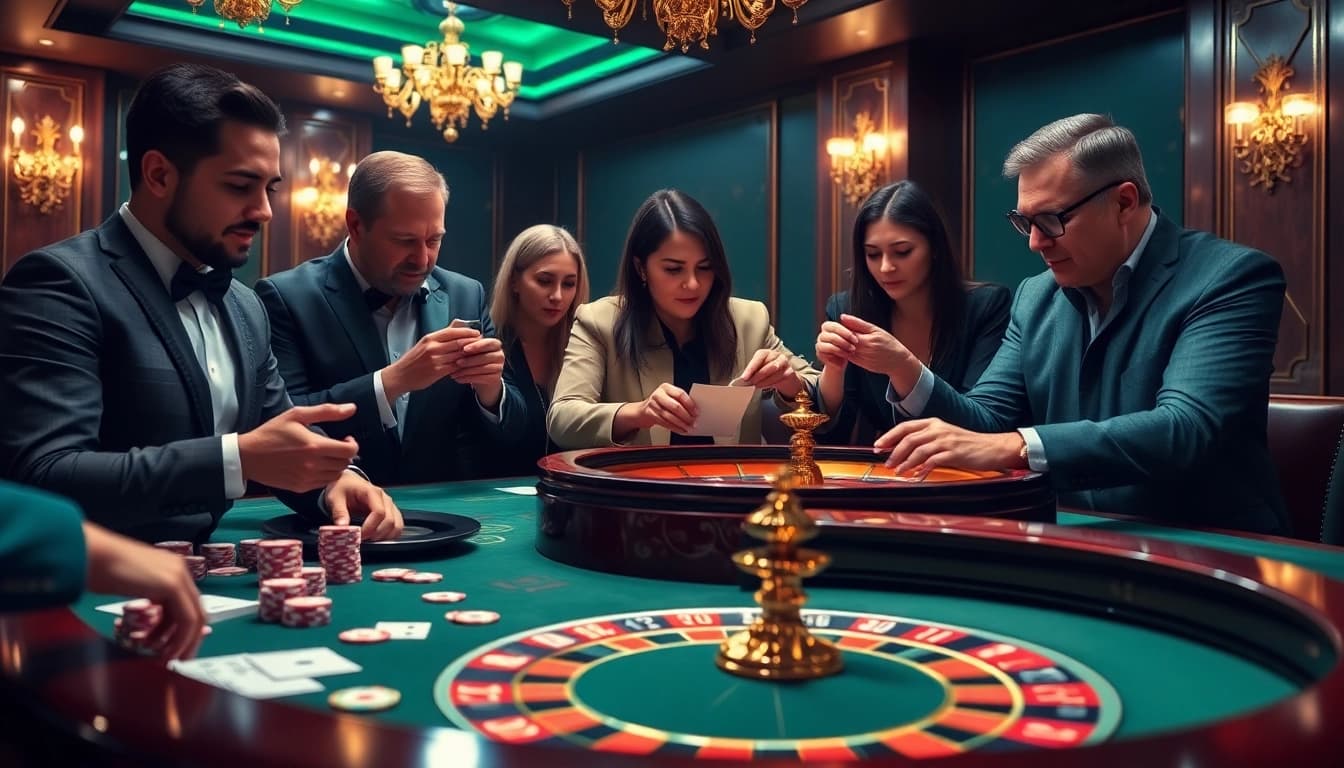 Players enjoying a luxurious BRABET casino experience with poker chips and roulette wheel.