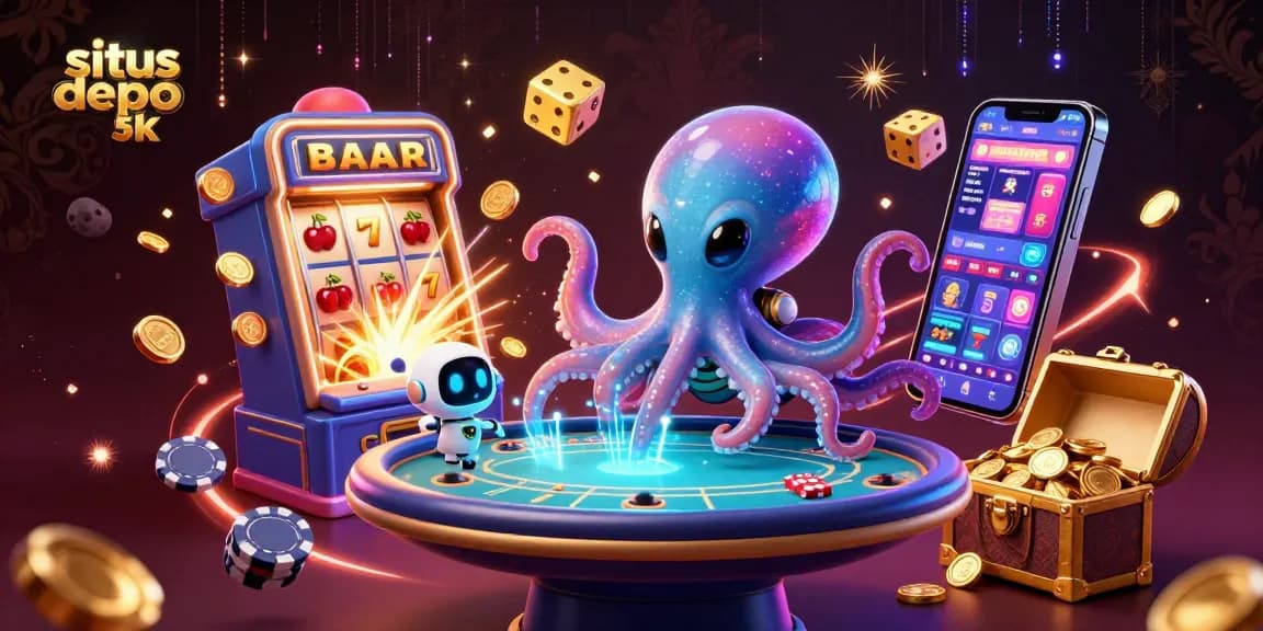 Engage in thrilling gameplay at situs depo 5k with a dynamic scene of an alien octopus playing poker and a jackpot explosion.