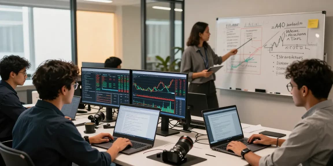 BSE live stock quote API utilized by developers in a dynamic fintech workspace, showcasing collaboration and technology.