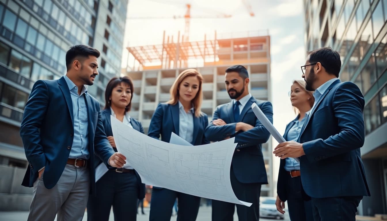Commercial building developer team working together on construction plans in a modern setting.
