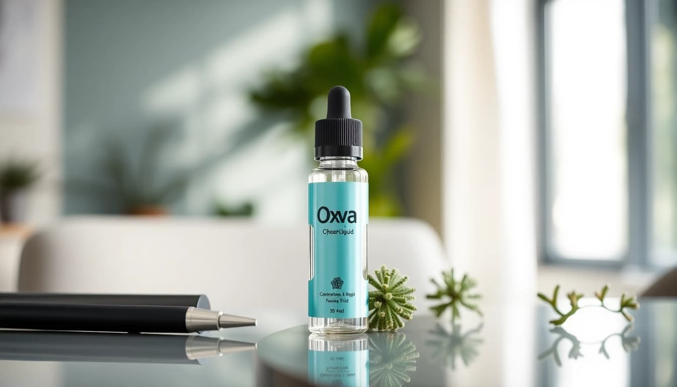 Vape-Gerät und Oxva Liquid in einem modernen, eleganten Setting präsentieren