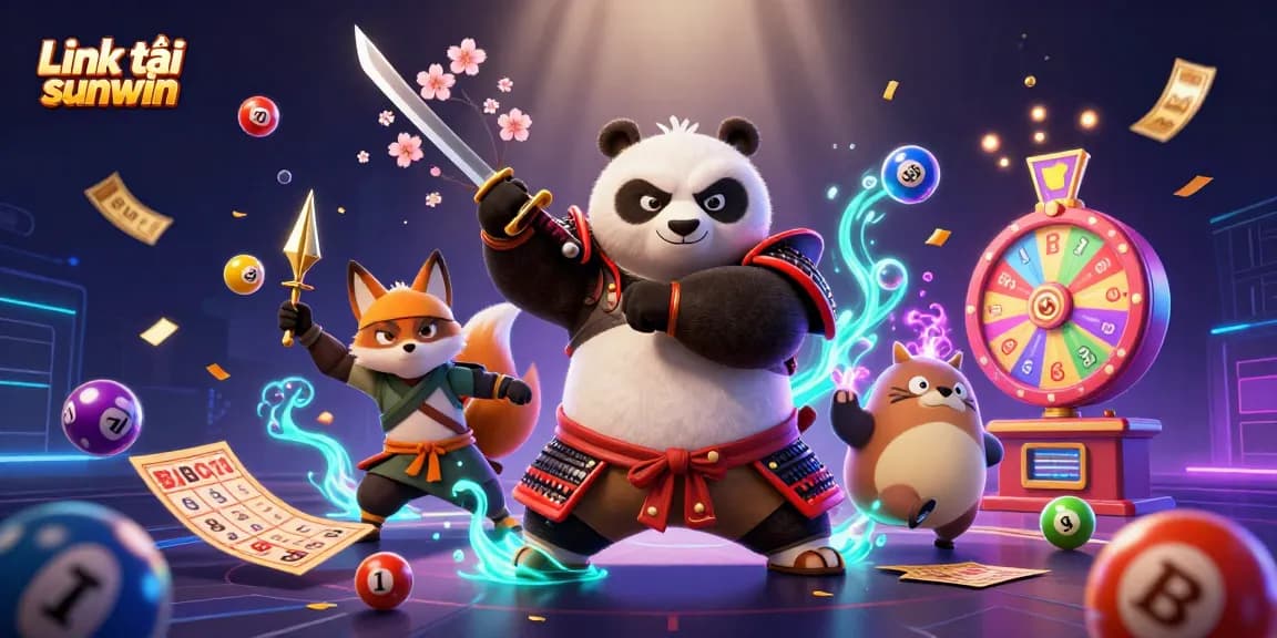Experience the thrilling Link tải sunwin with samurai panda, ninja fox, and magical tanuki in an exciting casino scene.
