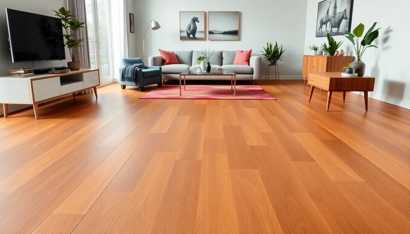 Showcasing chicago flooring in a modern living room, highlighting rich textures and natural light.