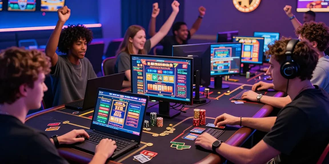 Exciting scene of players engaging with credit card casinos in a vibrant online gaming atmosphere with colorful graphics and joyful expressions.