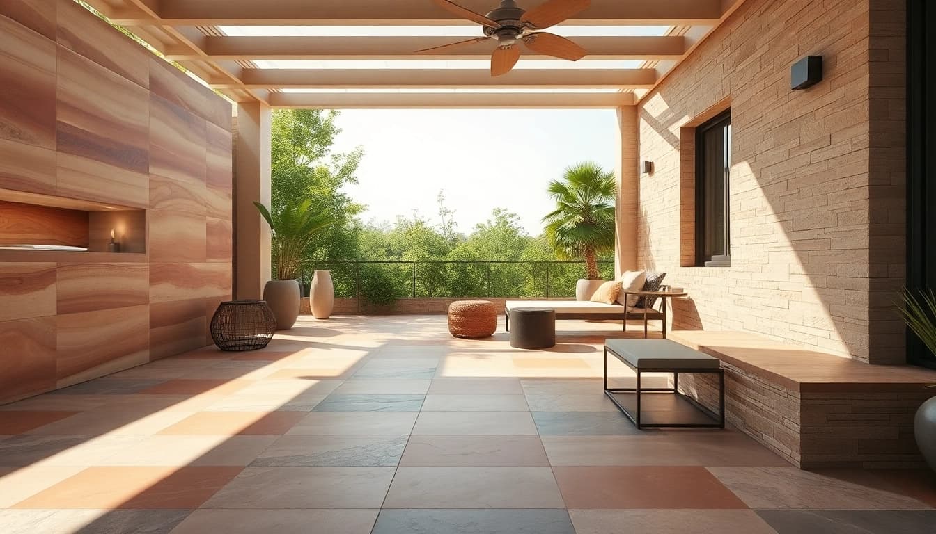 Carrelage extérieur élégant sur une terrasse accueillante, entourée de verdure luxuriante.