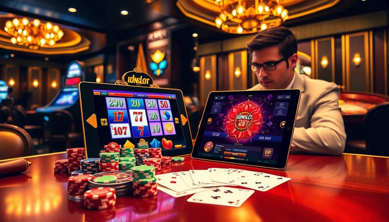 Excited player engaging with the idnslot machine in a luxurious casino setting.