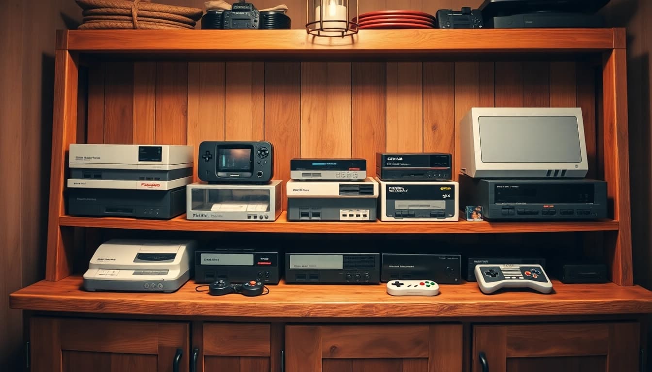 Showcase of Retro Game Consoles displayed with vintage aesthetics and nostalgic atmosphere.