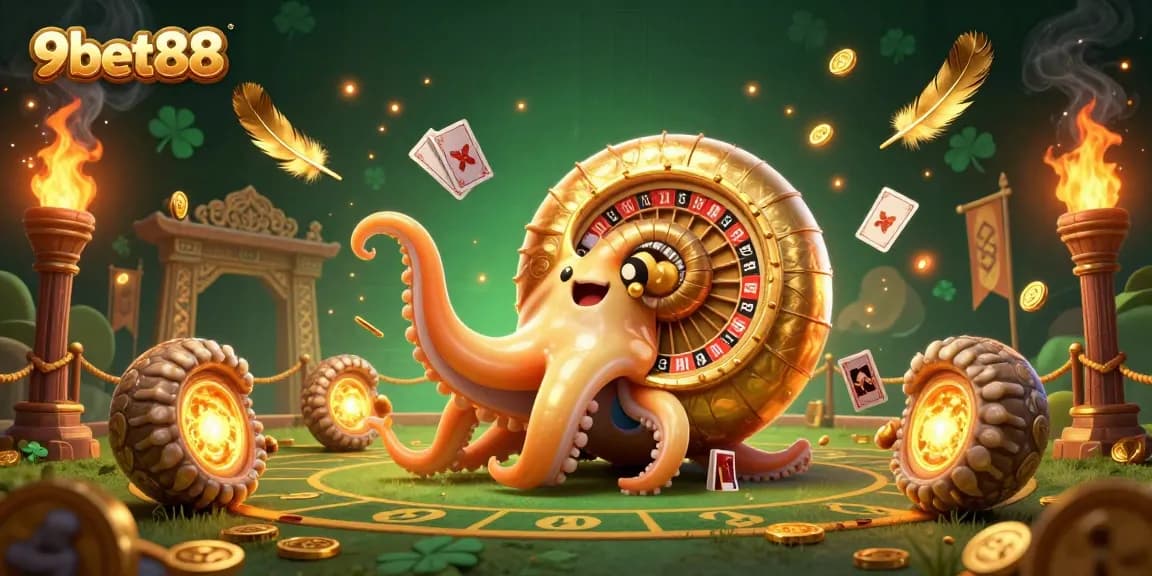 The vibrant 3D illustration of 9bet88 showcases an ancient nautilus roulette wheel, captivating gamblers with dynamic game elements and golden accents.