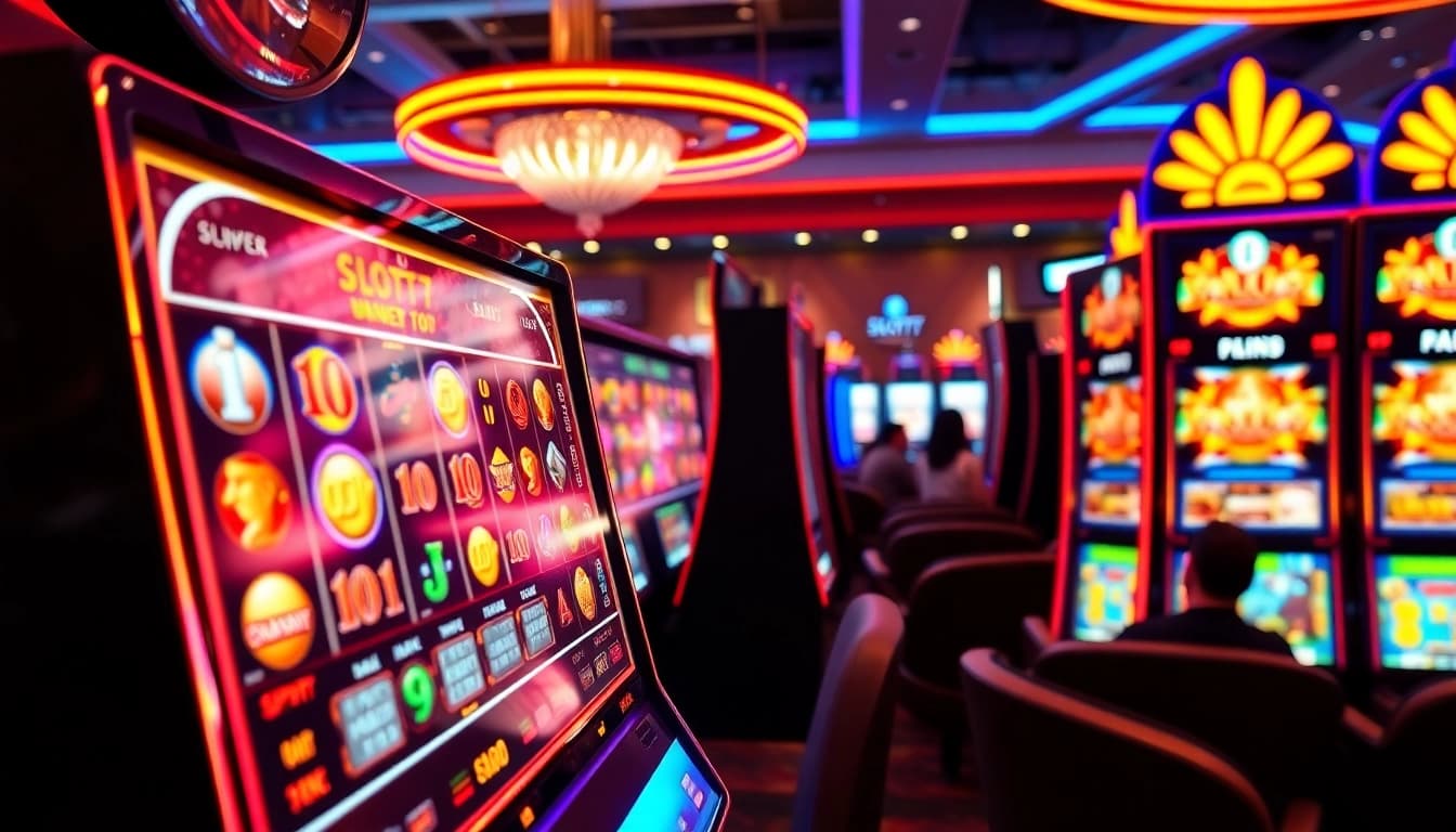 Bermain slot777 dengan mesin slot bertema ceria di kasino yang ramai.
