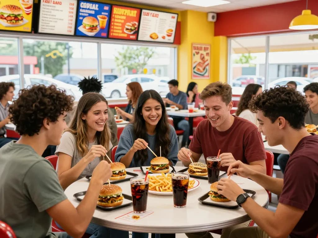 Friends enjoying fast food prices at a lively restaurant table