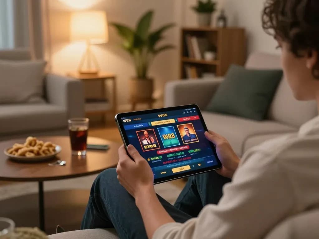 Player engaging with the W88 casino app on a tablet at home, showcasing a cozy gaming atmosphere.