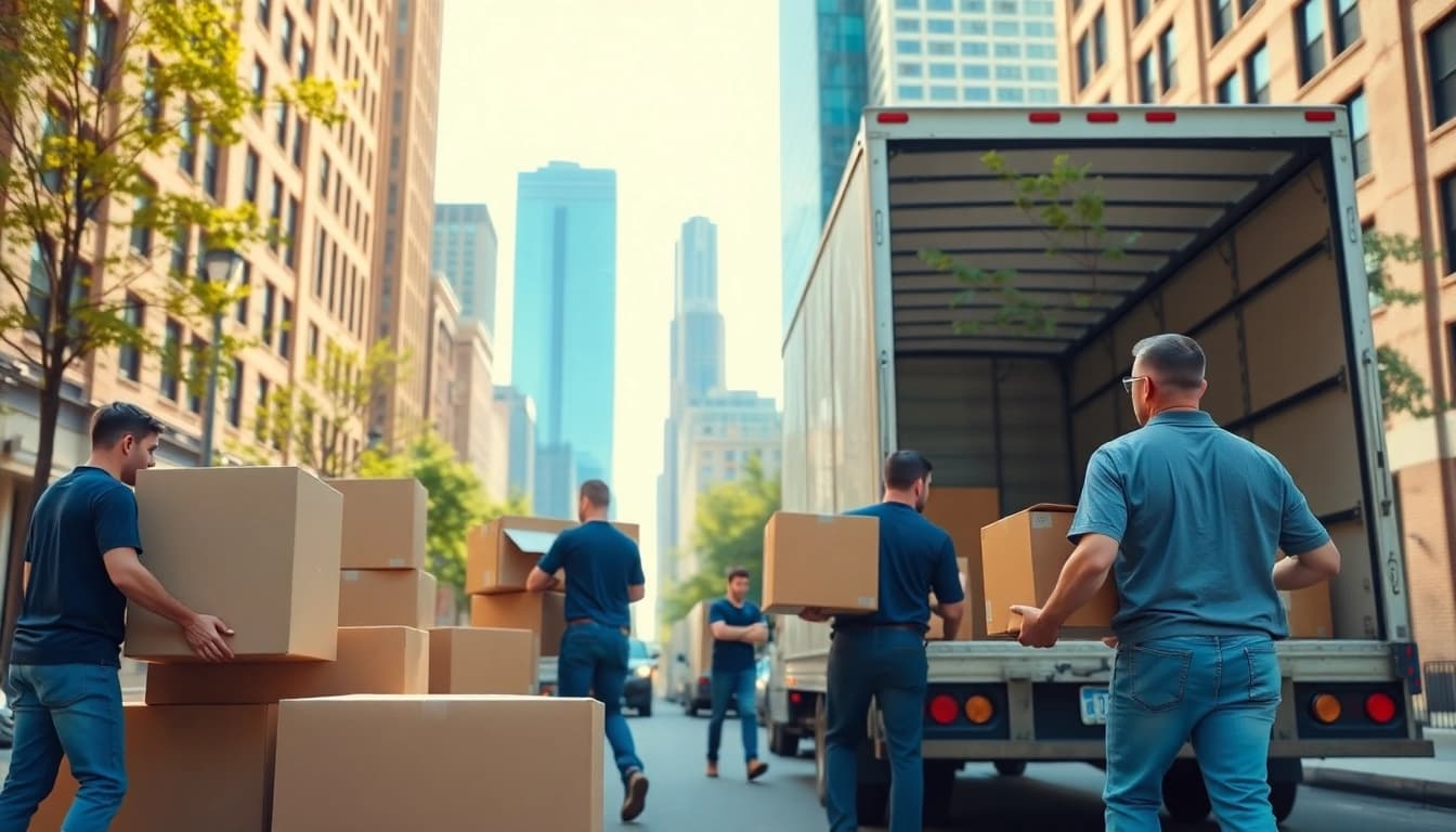 Moving companies Chicago efficiently loading boxes in a sunny urban setting