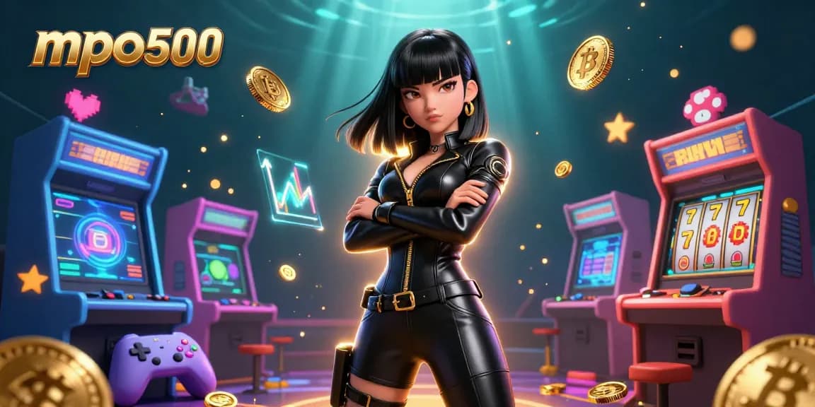 Experience the excitement of mpo500 with a stunning Asian character amidst casino elements and glowing crypto graphics.