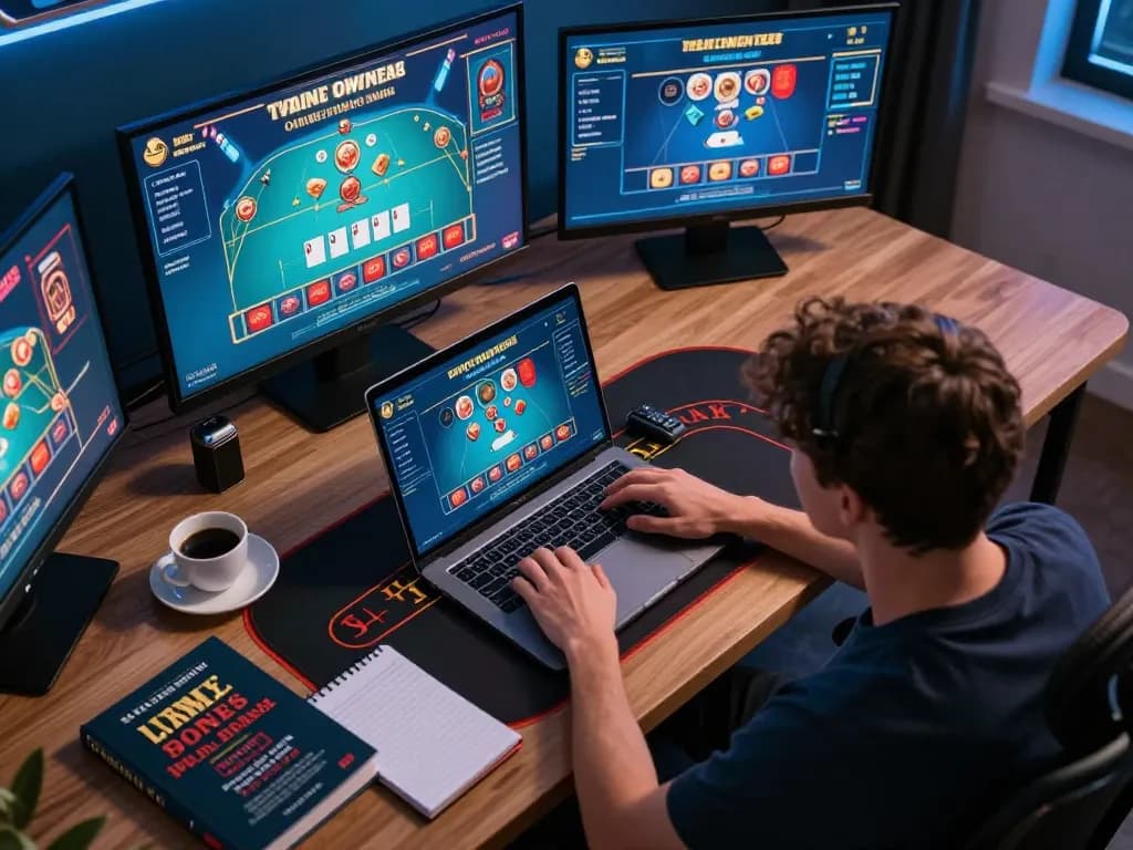 Engaging scene of NHÀ CÁI VUA88 showing user immersed in live dealer blackjack game with multiple screens highlighting online strategies.