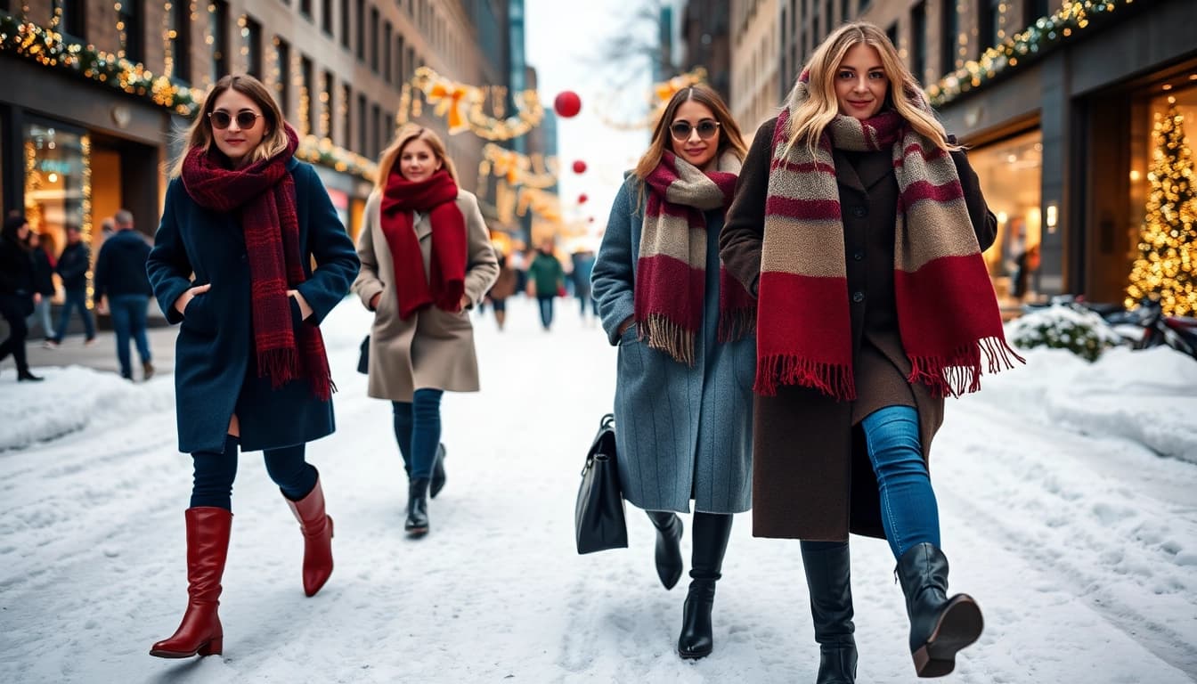 Models showcasing stylish winter fashion ensembles on a snowy city street.