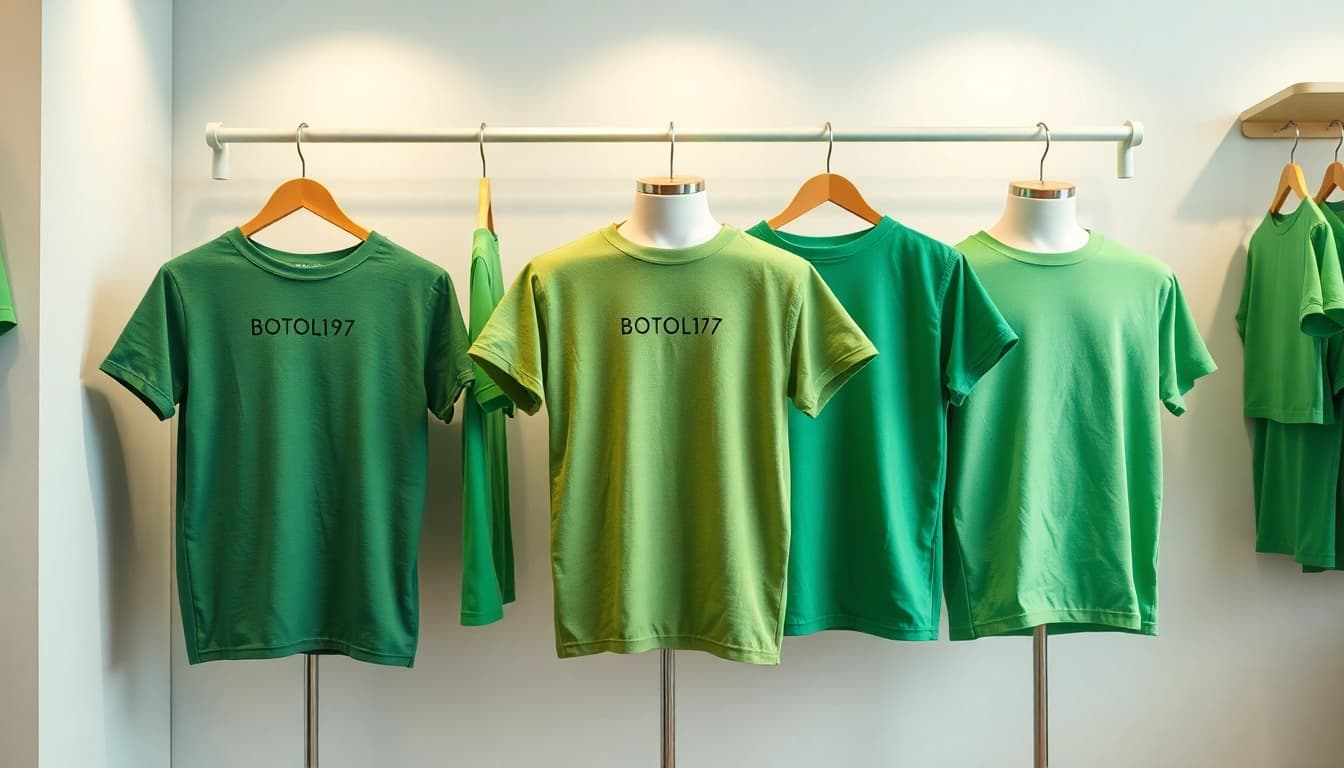 Stylish display of junior t-shirts in green hues, featuring BOTOL169 variations for a trendy boutique shopping experience.