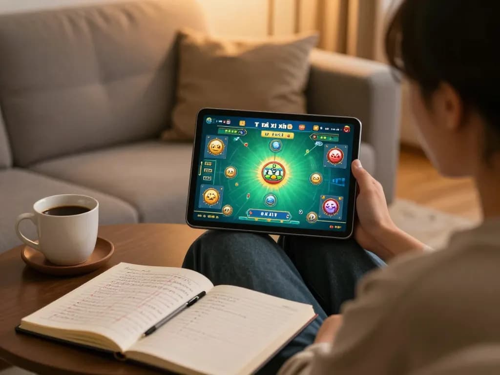 Player engaged in tài xỉu online gaming on tablet in cozy living room.
