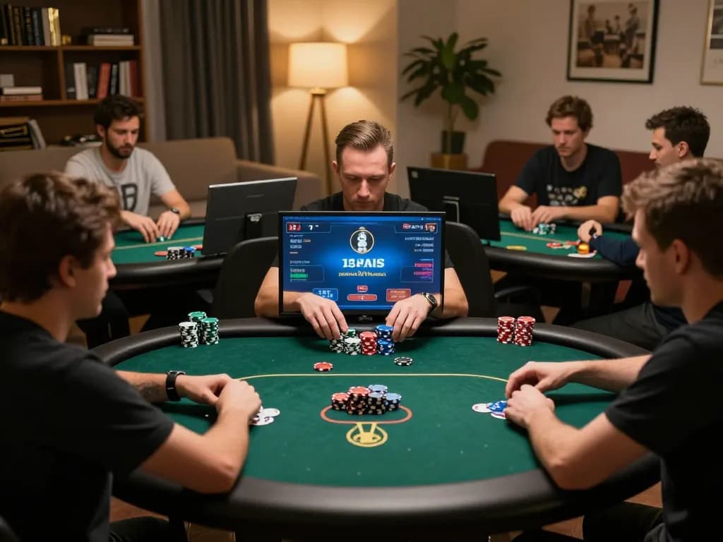 Players strategizing in an online casino during an intense round of 3 Đôi Thông Là Gì, showcasing vibrant poker hands and immersive home settings.