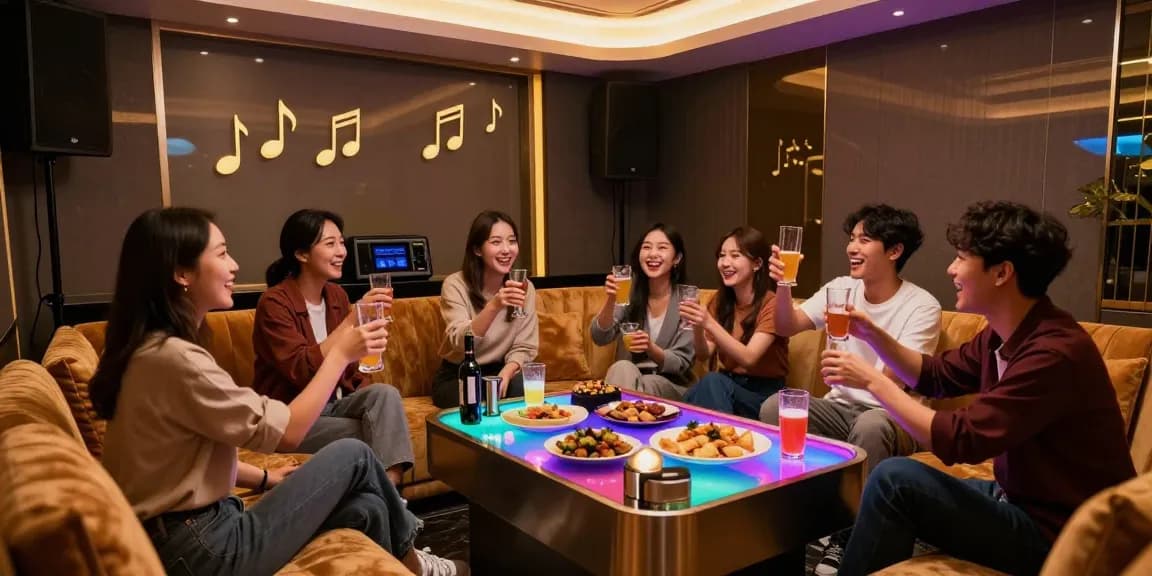 강남 가라오케에서 즐거운 시간을 보내는 친구들, 고급스러운 프라이빗 룸의 분위기