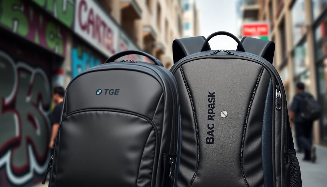 Stylish Backpack TGE showcasing modern design in a vibrant urban environment.