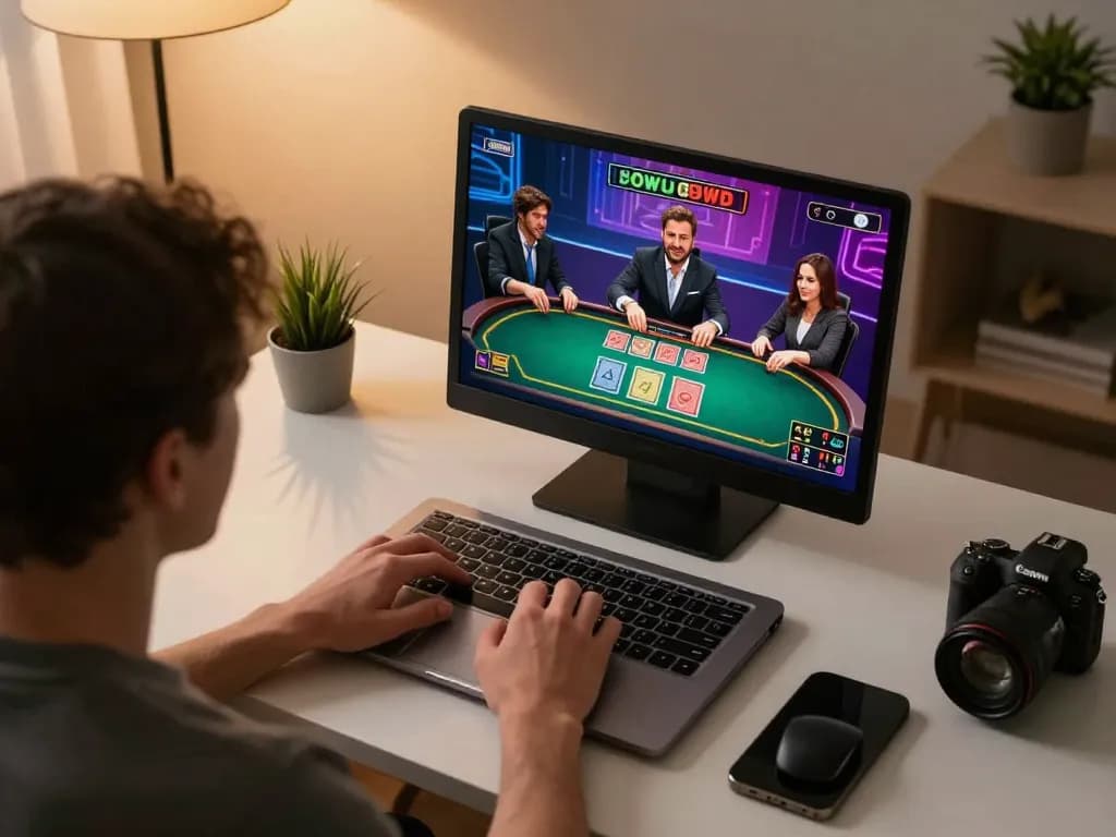 Engage in strategic online gaming at https://n188.build/ with a laptop showing live dealer gameplay and vibrant atmosphere.