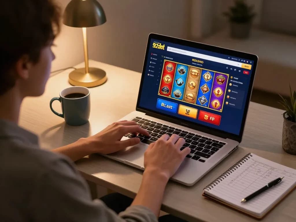 Engaging in online slots at 92slot with colorful displays and strategic notes nearby.