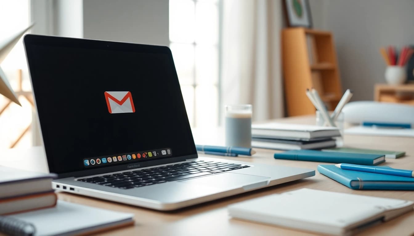 Using Gmail邮箱 on a laptop in a bright, organized workspace with elegant decor.