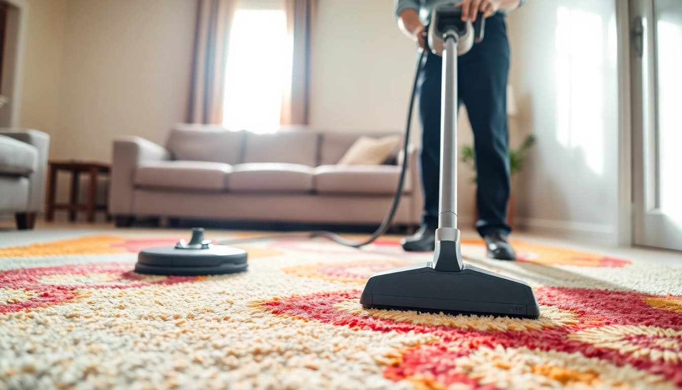 Carpet cleaning roseville ca showcasing a technician meticulously cleaning a soft rug in a bright living room.