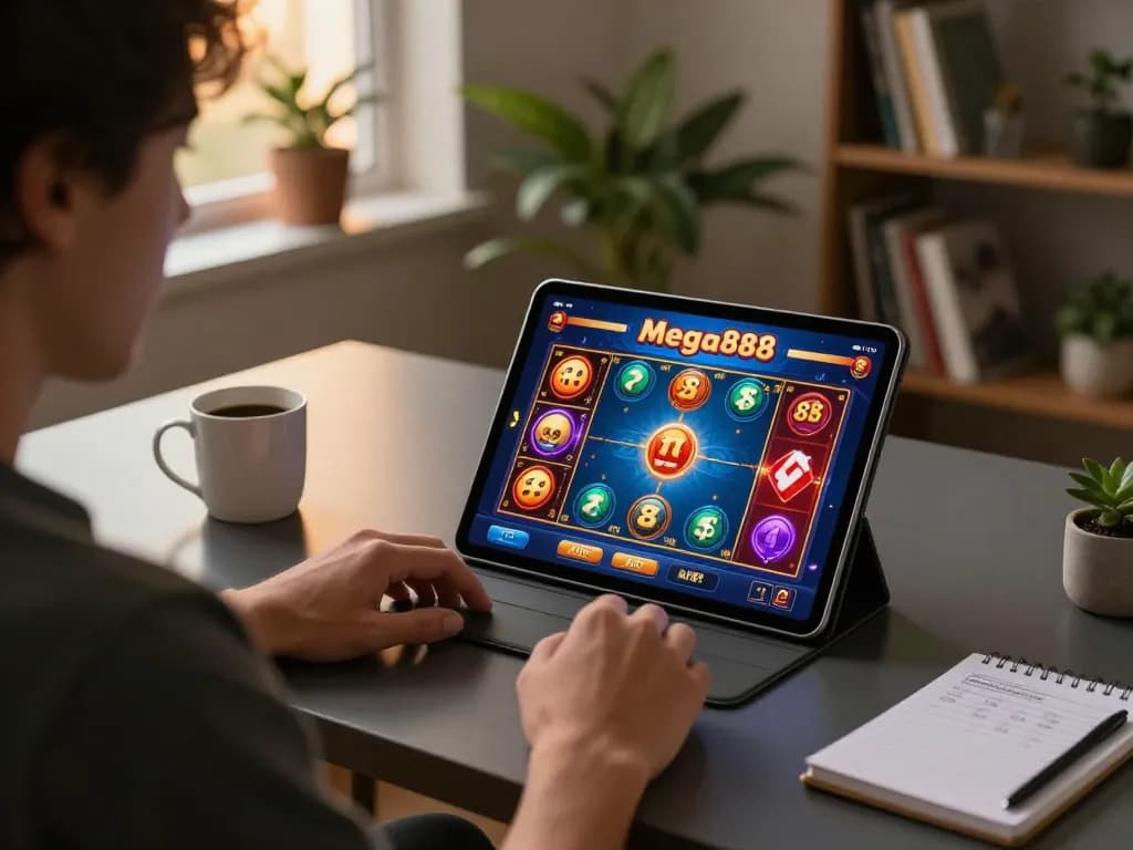Playing casino games using the mega888 apk on a tablet, capturing strategic moments in a cozy home office.