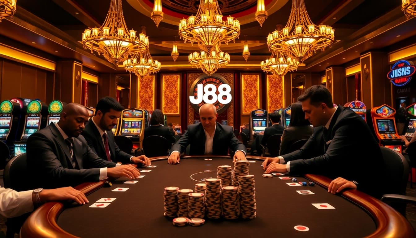Gamblers engaging in an exciting poker game at J88's luxurious casino setting