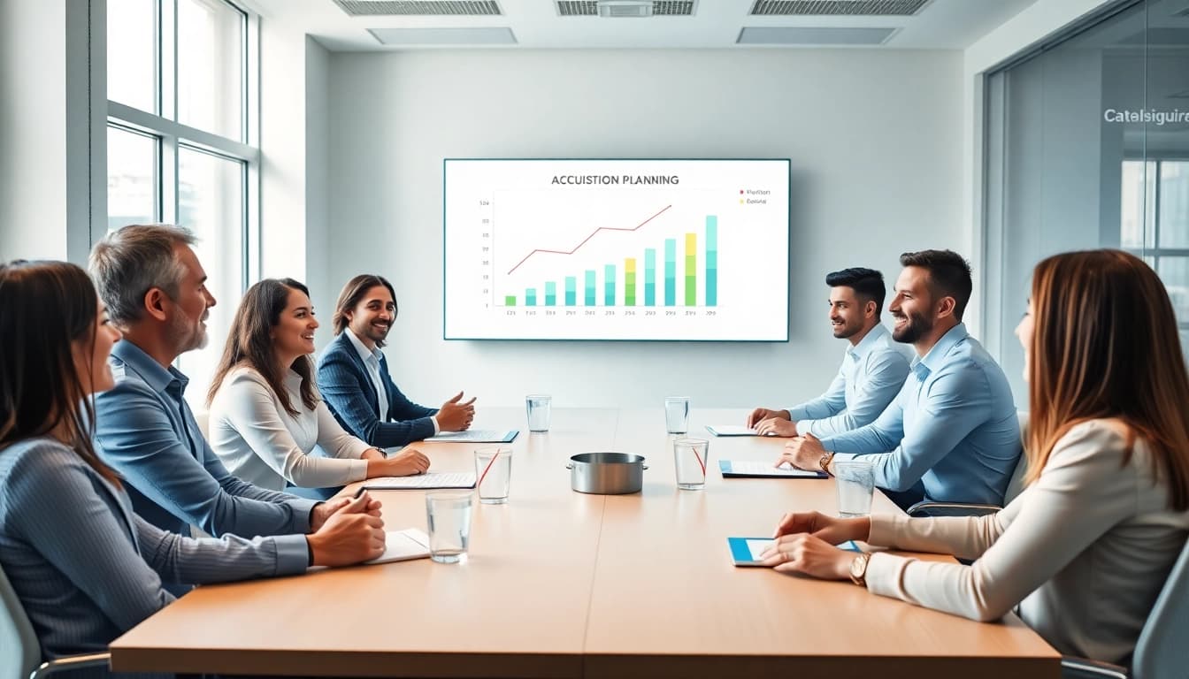Team collaborating on strategic acquisition planning in a modern office environment.